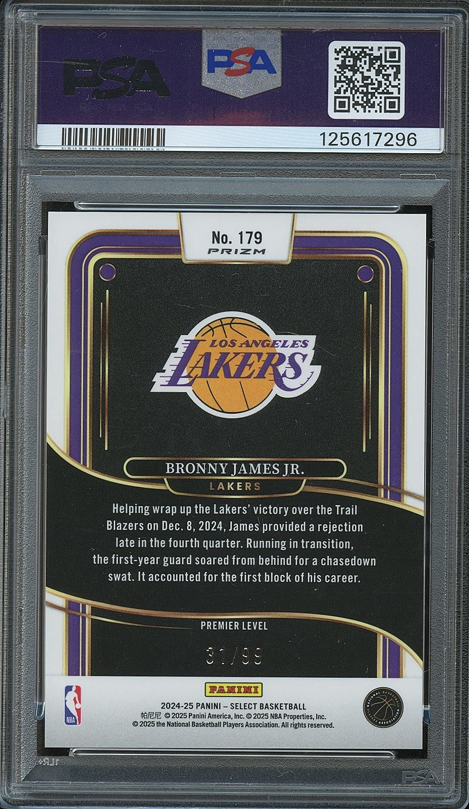 Bronny James Jr. 2024 Select Purple Prizm Rookie RC LA Lakers 31/99 PSA 10