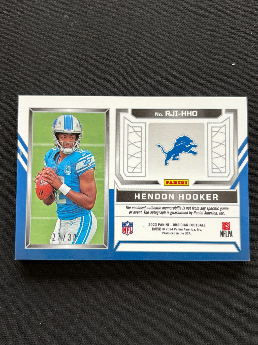Hendon Hooker 2023 Obsidian Auto Autograph Purple Patch RC Detroit Lions 27/30