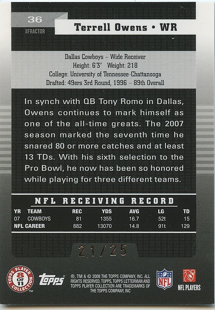 Terrell Owens 2008 Topps Letterman XFractor SSP Dallas Cowboys 21/25 #36