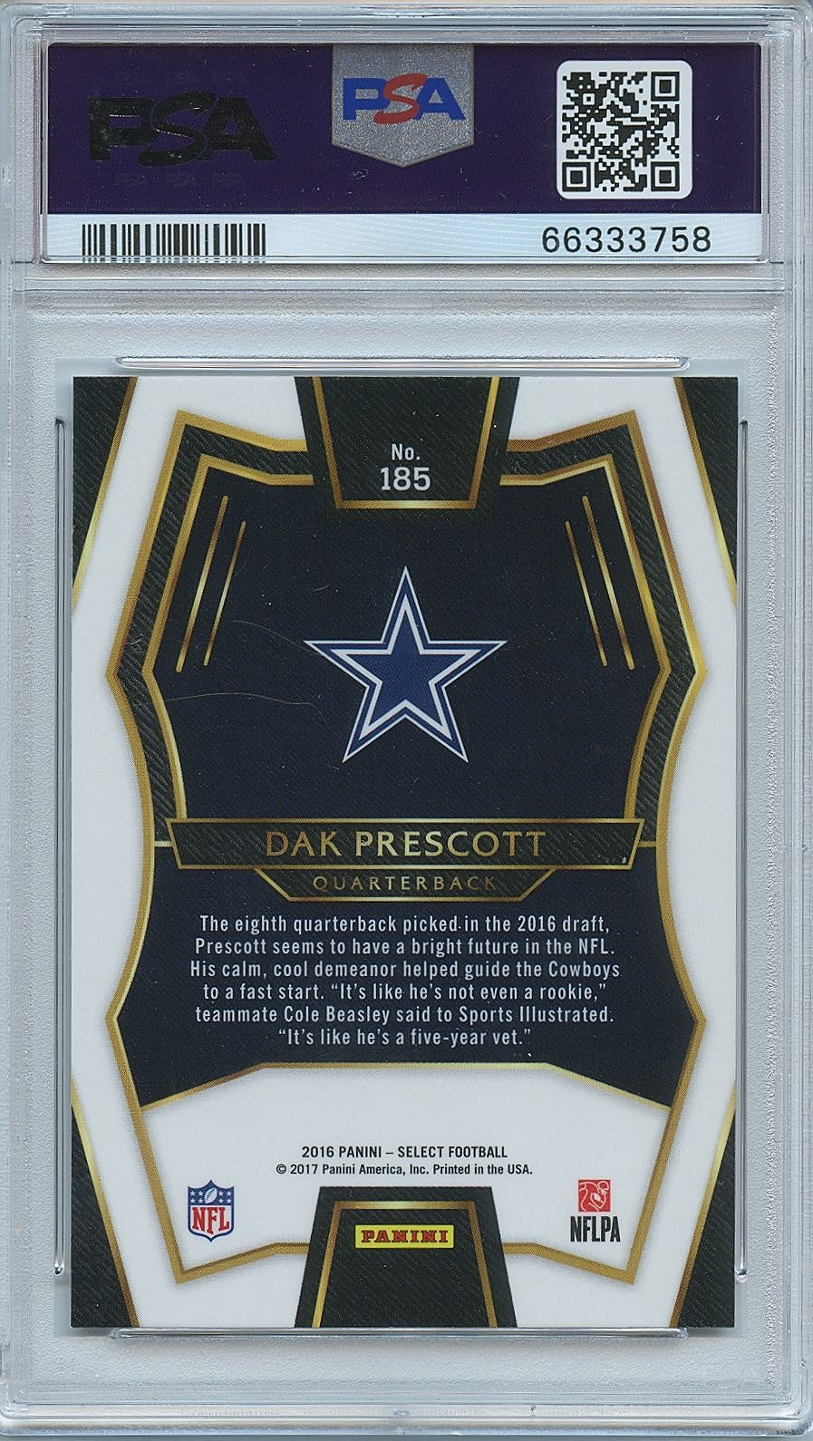 Dak Prescott 2016 Select Silver Prizm Rookie RC Dallas Cowboys #185 PSA 10