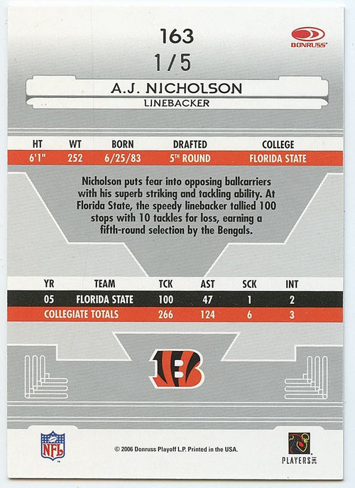 A.J. Nicholson 2006 Leaf Certified Emerald Green SSP RC Cincinnati Bengals 1/5