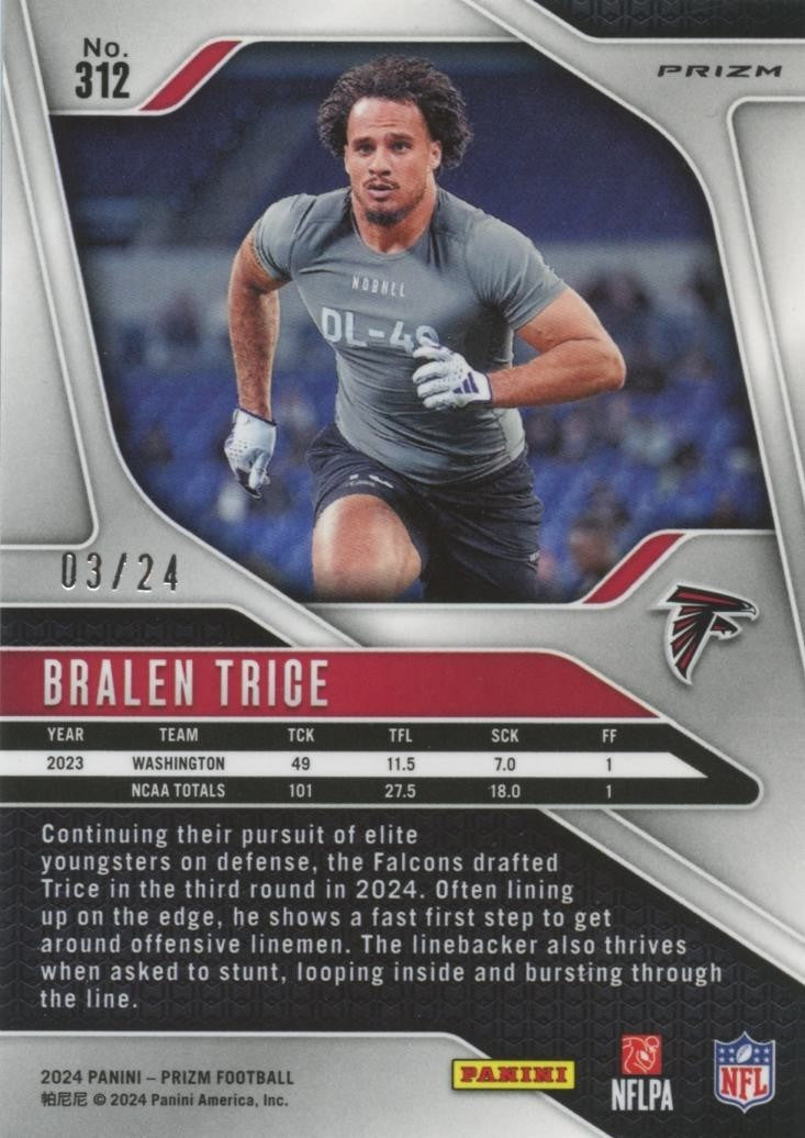 Bralen Trice 2024 Prizm GOLD Sparkle Prizm Rookie RC SSP Atlanta Falcons 3/24