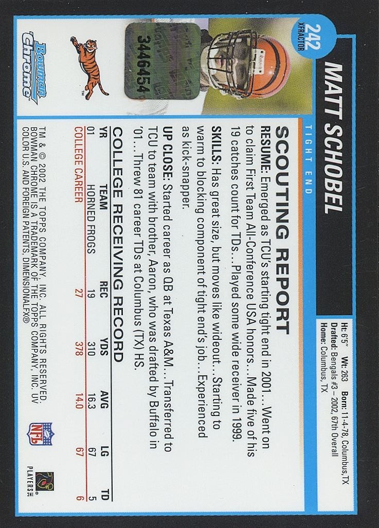 Matt Schobel 2002 Bowman Chrome Red Ink SSP Auto Autograph RC Cincinnati Bengals