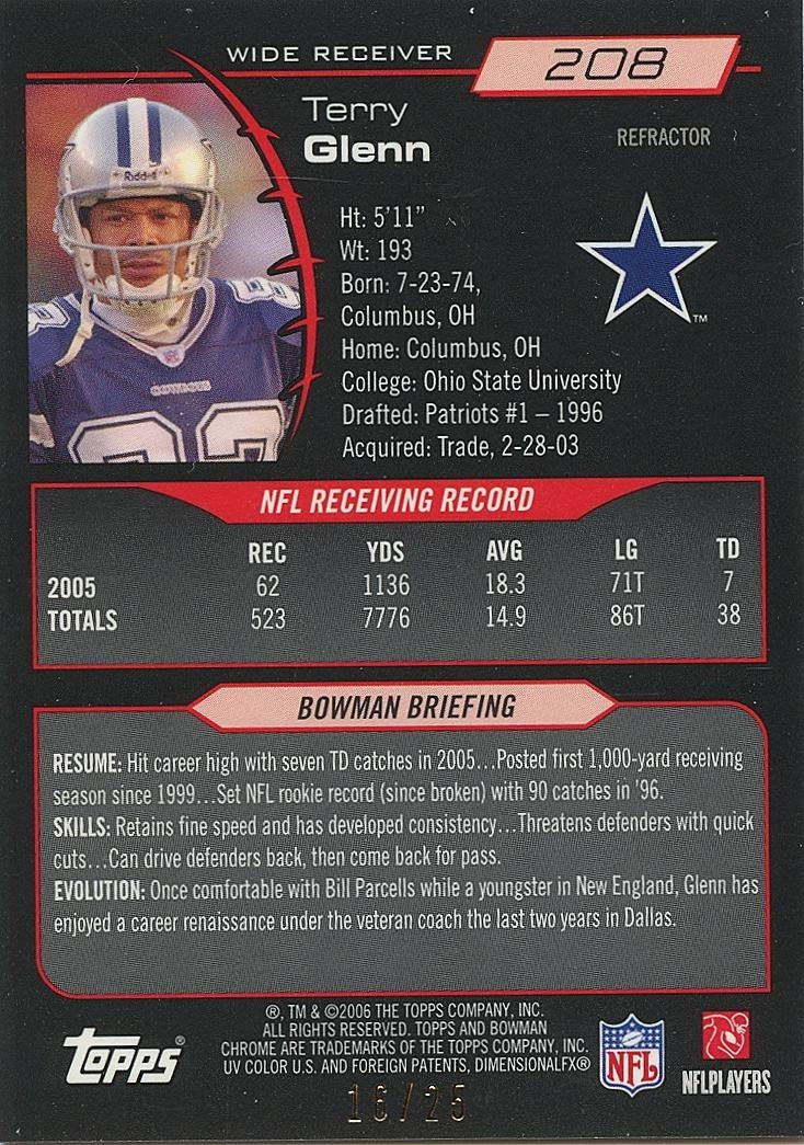 Terry Glenn 2006 Bowman Chrome Orange Refractor Dallas Cowboys 16/25 #208