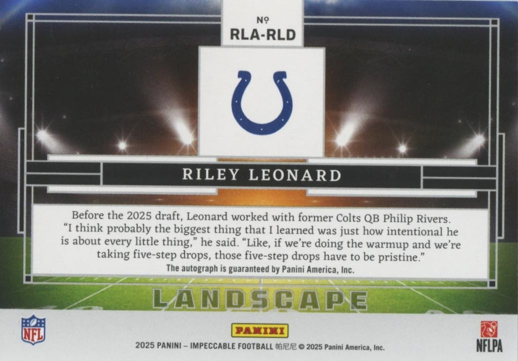 Riley Leonard 2025 Impeccable Auto Autograph RC Indianapolis Colts 85/99