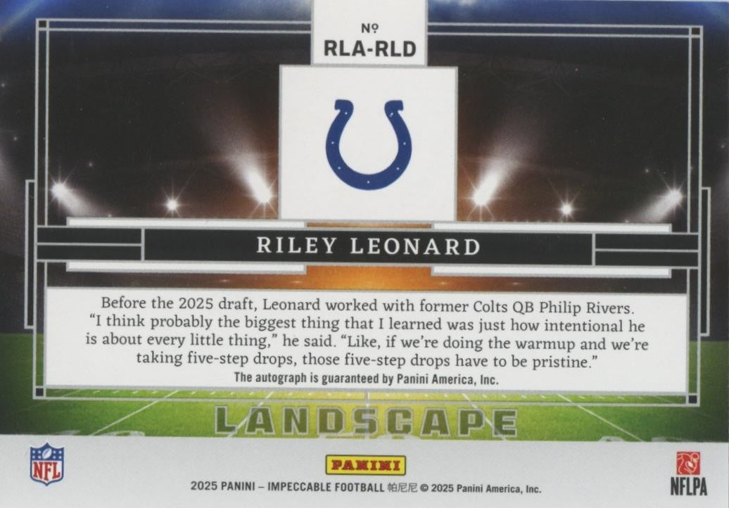 Riley Leonard 2025 Impeccable Auto Autograph RC Indianapolis Colts 85/99