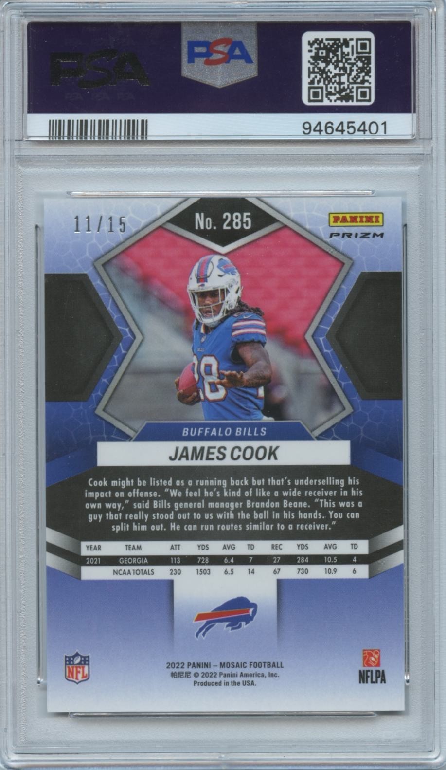James Cook 2022 Mosaic Blue Fluorescent Rookie RC Buffalo Bills 11/15 PSA 10