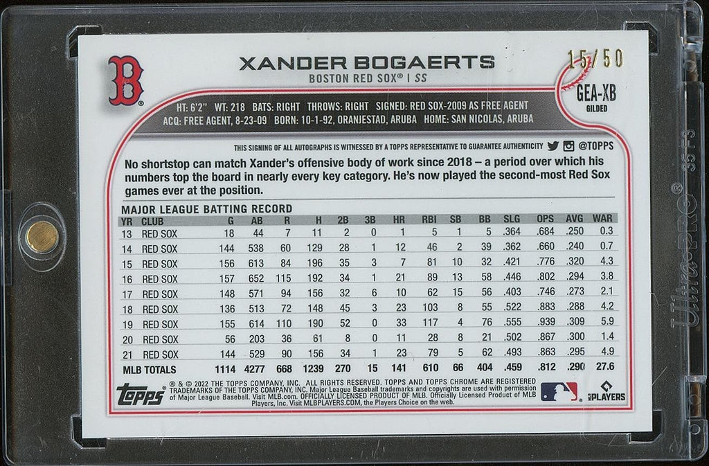 Xander Bogaerts 2022 Topps Chrome Gilded Auto Autograph Boston Red Sox 15/50
