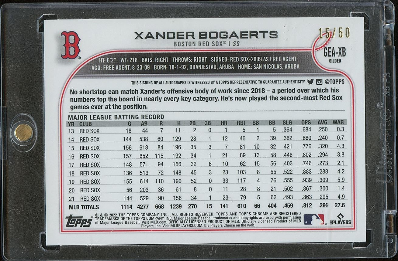 Xander Bogaerts 2022 Topps Chrome Gilded Auto Autograph Boston Red Sox 15/50