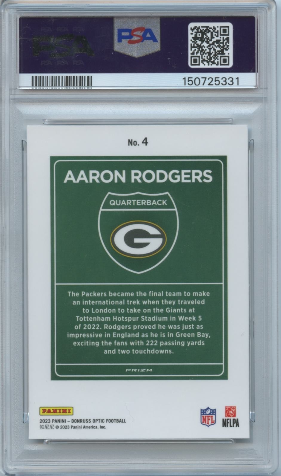 Aaron Rodgers 2023 Optic International DOWNTOWN SSP CASE HIT Packers PSA 10