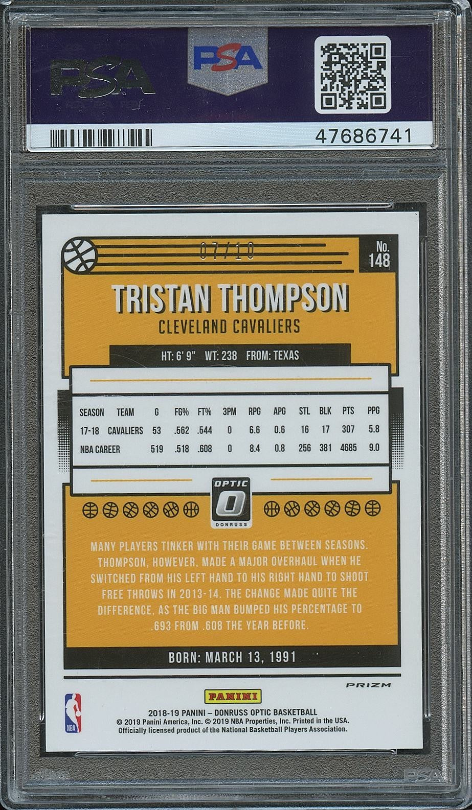 Tristan Thompson 2018 Optic Fastbreak GOLD Prizm Cleveland Cavaliers 7/10 PSA 10