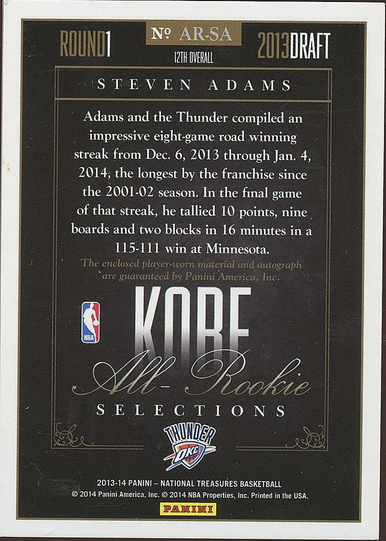 Steven Adams 2013-14 National Treasures Auto Autograph Kobe Bryant Thunder 94/99