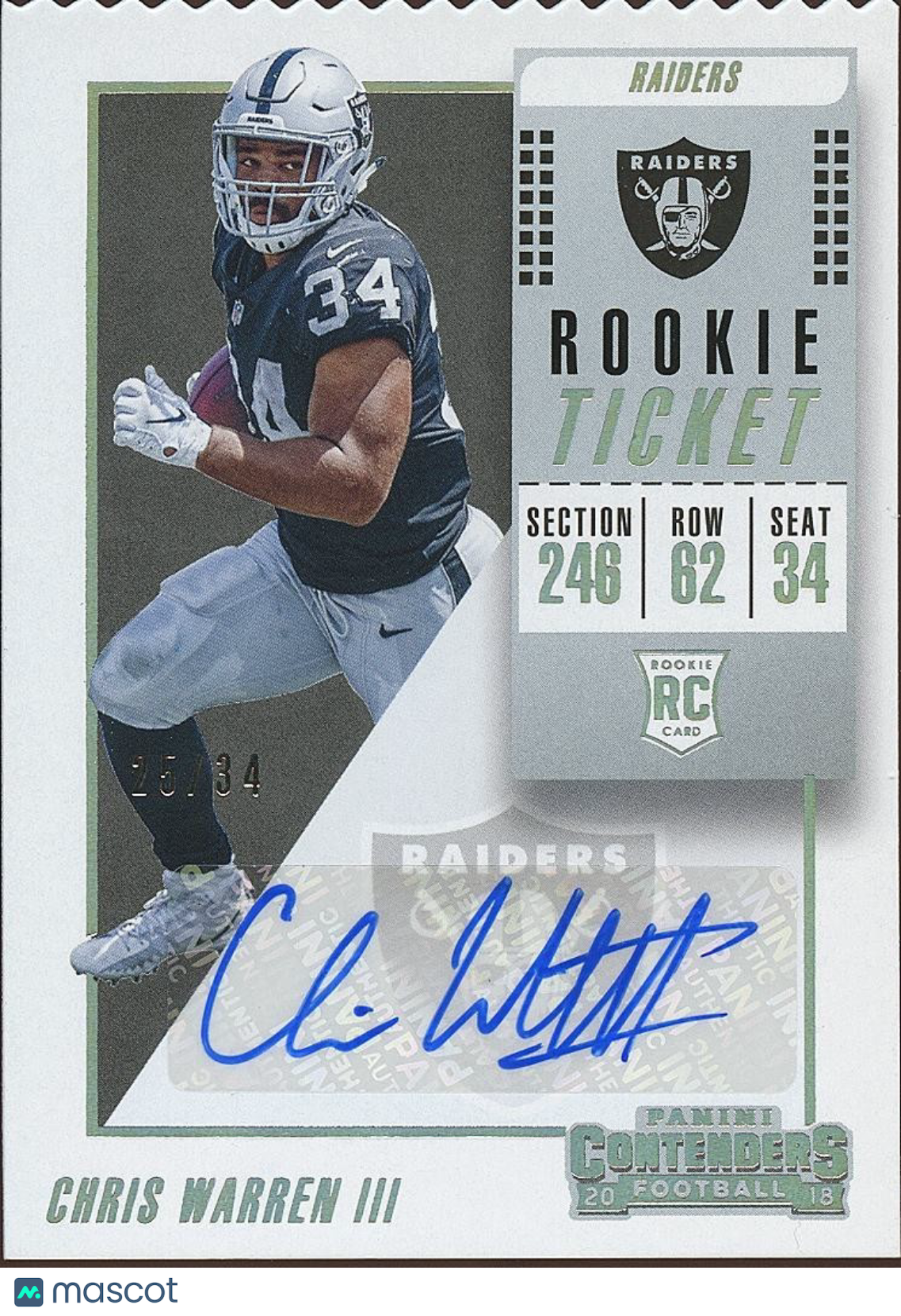 Chris Warren 2018 Contenders Ticket Stub Auto Autograph Longhorns Raiders 25/34