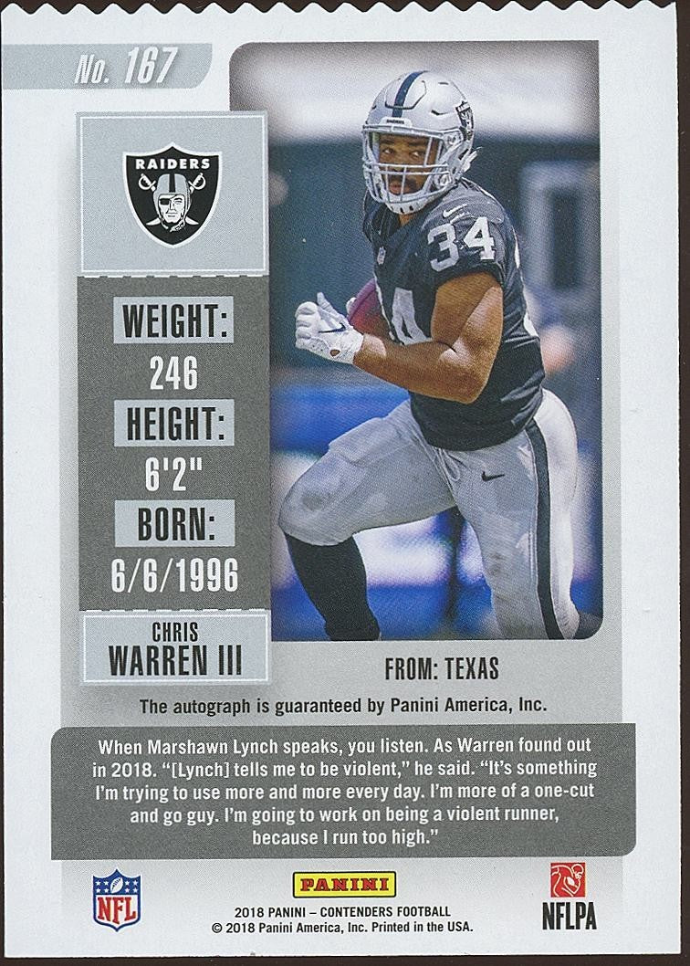 Chris Warren 2018 Contenders Ticket Stub Auto Autograph Longhorns Raiders 25/34