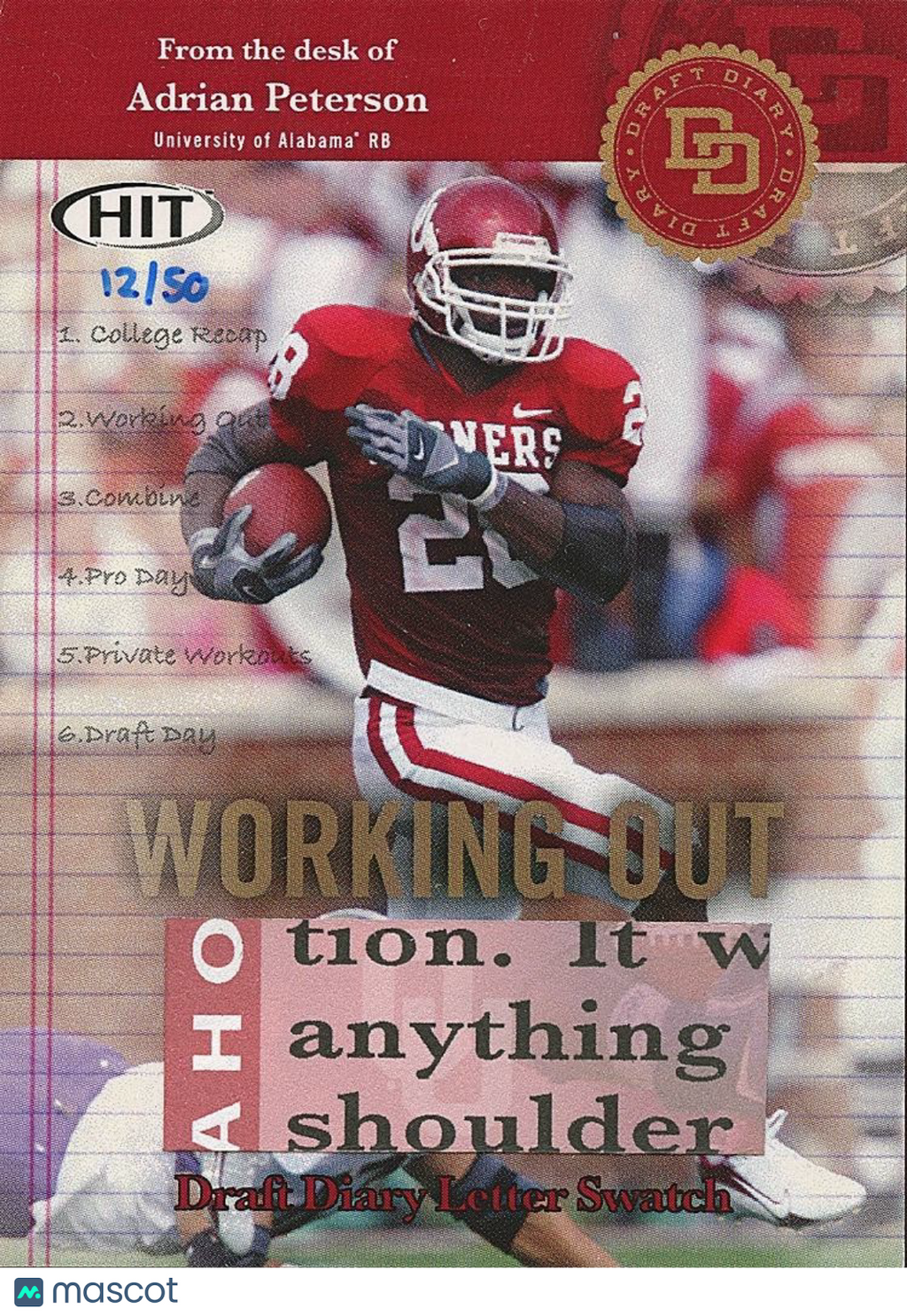Adrian Peterson 2007 SAGE HIT Draft Diary Commitment Letter Relic Sooners 12/50