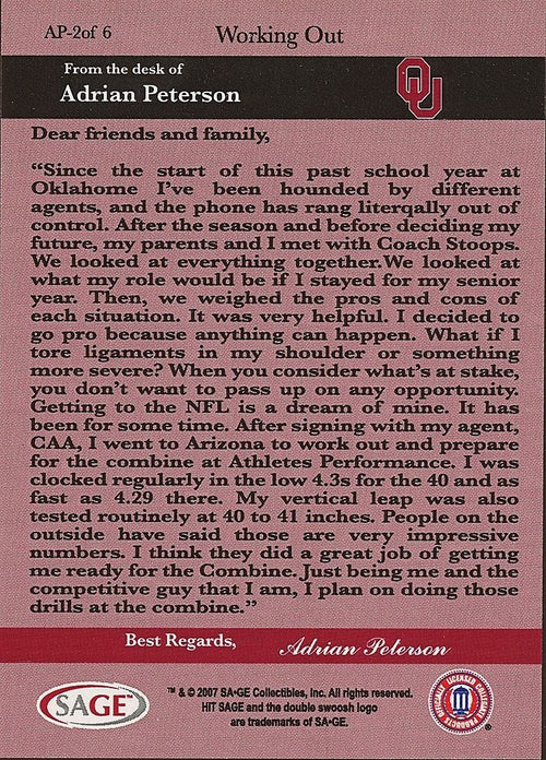 Adrian Peterson 2007 SAGE HIT Draft Diary Commitment Letter Relic Sooners 12/50