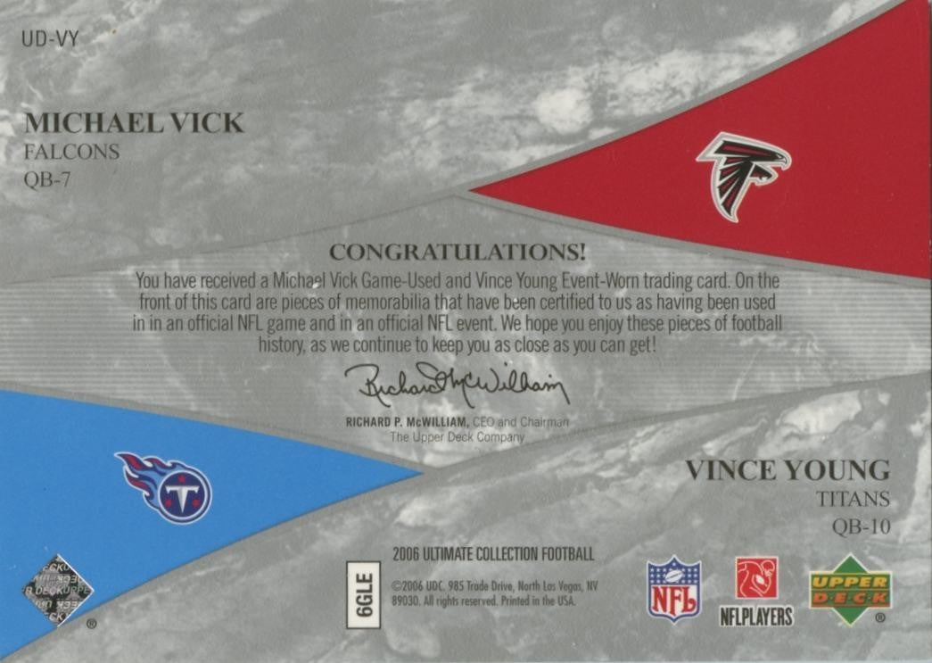 Vince Young / Michael Vick 2006 Ulitimate Dual Jersey Patch Titans Falcons 30/50