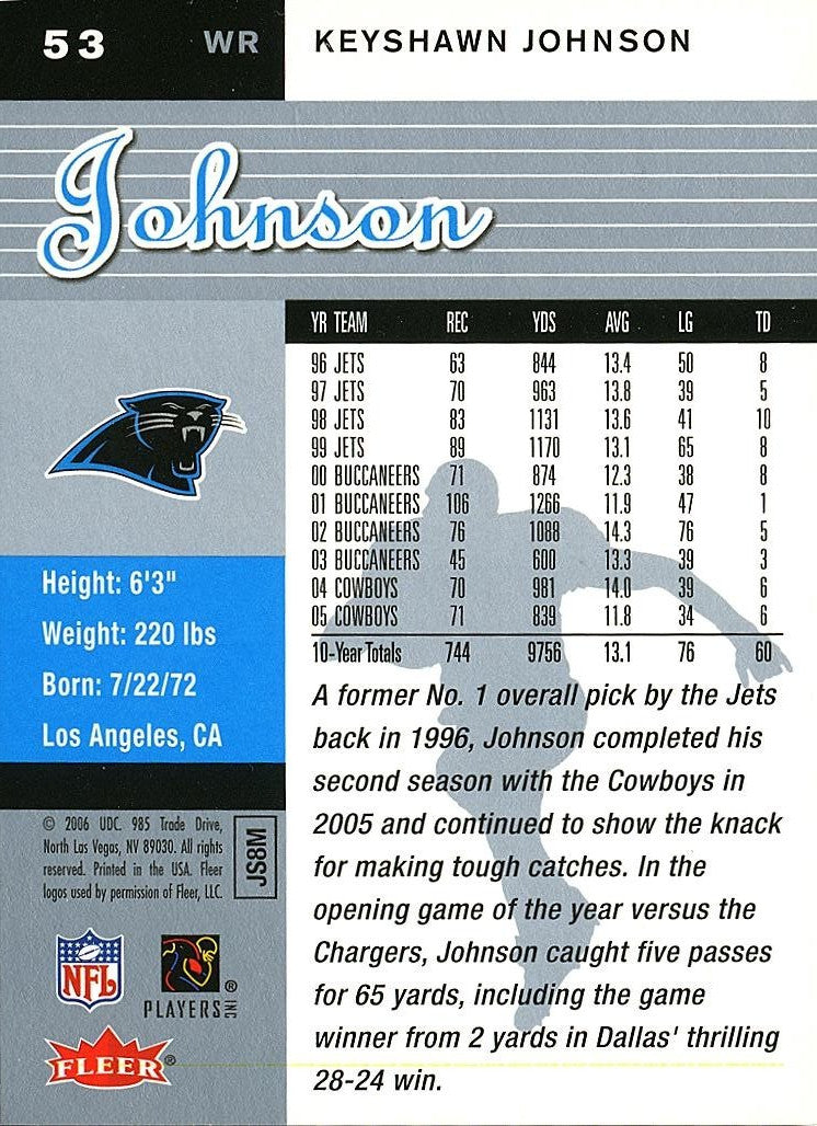 Keyshawn Johnson 2006 Fleer Ultra Platinum Medallion Dallas Cowboys 52/99