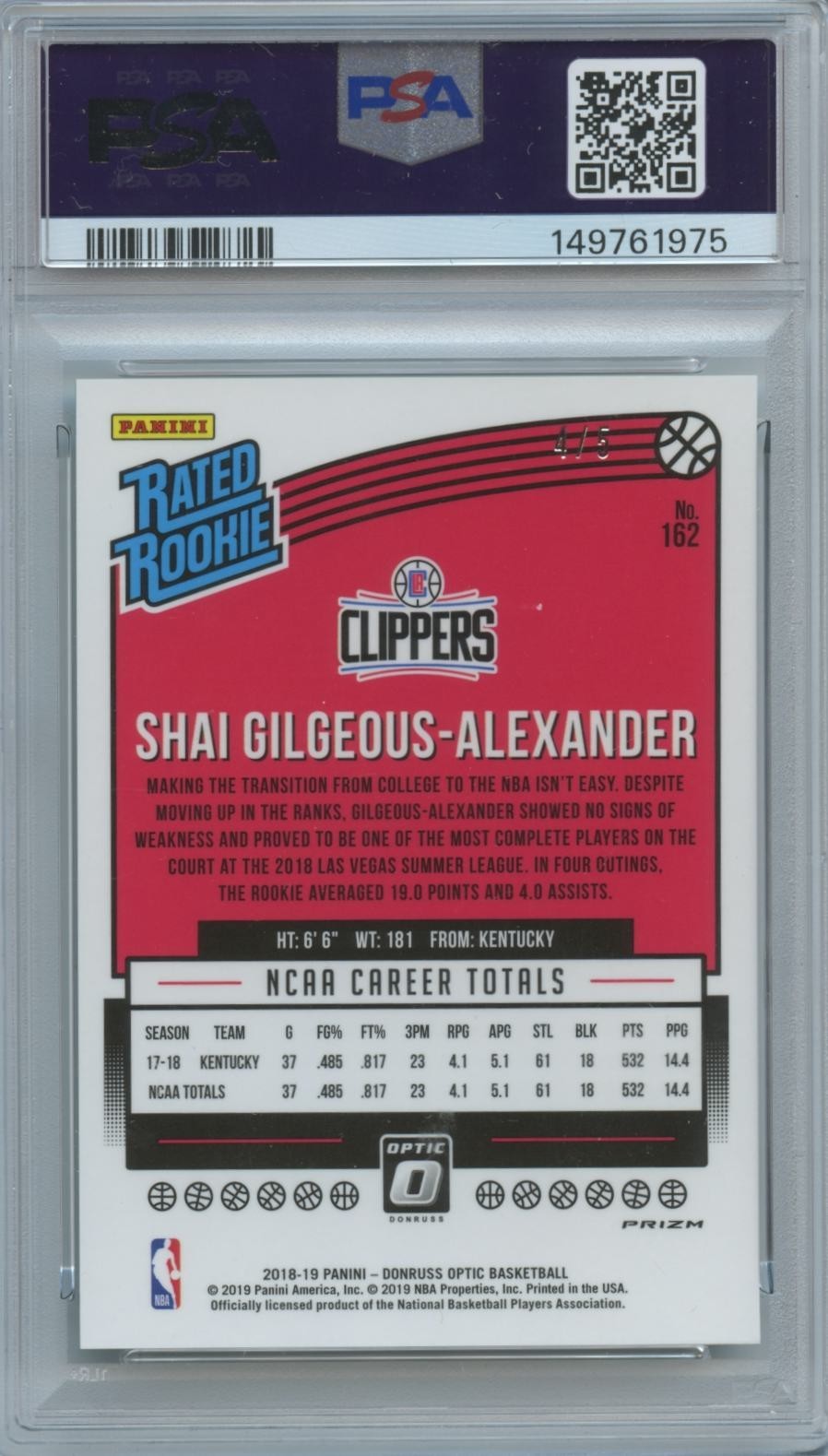 Shai Gilgeous-Alexander 2018-19 Optic Rated Rookie Green Prizm Thunder 4/5 PSA 9
