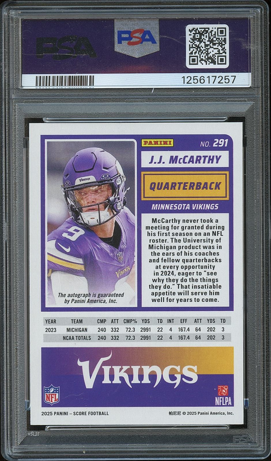 J.J. Mccarthy 2025 Score Auto Autograph 2nd Year Minnesota Vikings #291 PSA 9