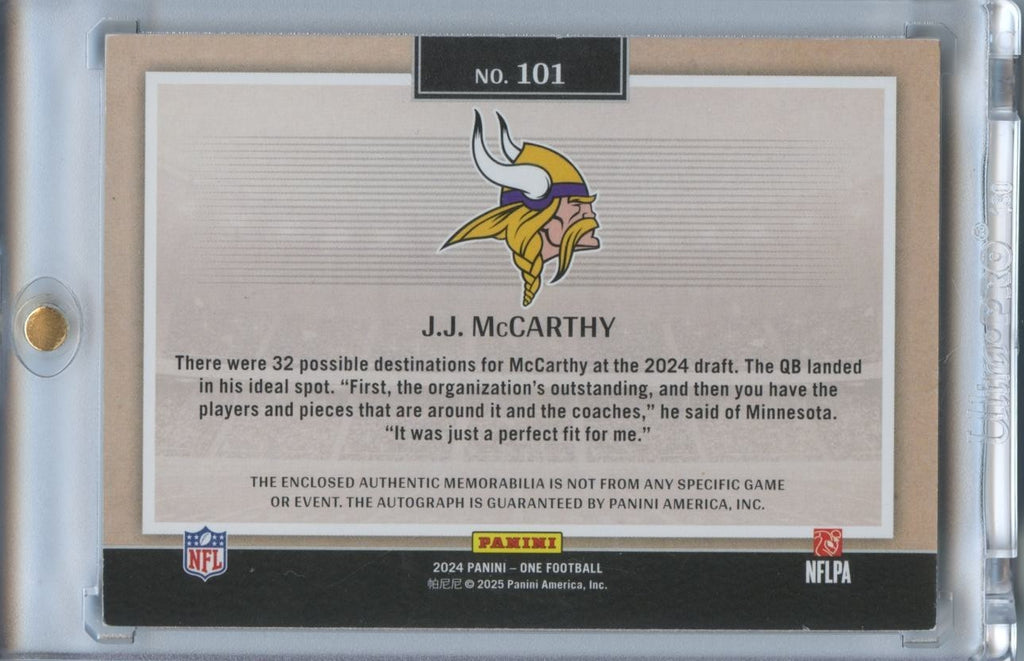 J.J. Mccarthy 2024 Panini One Auto Autograph Patch RC Minnesota Vikings 75/99