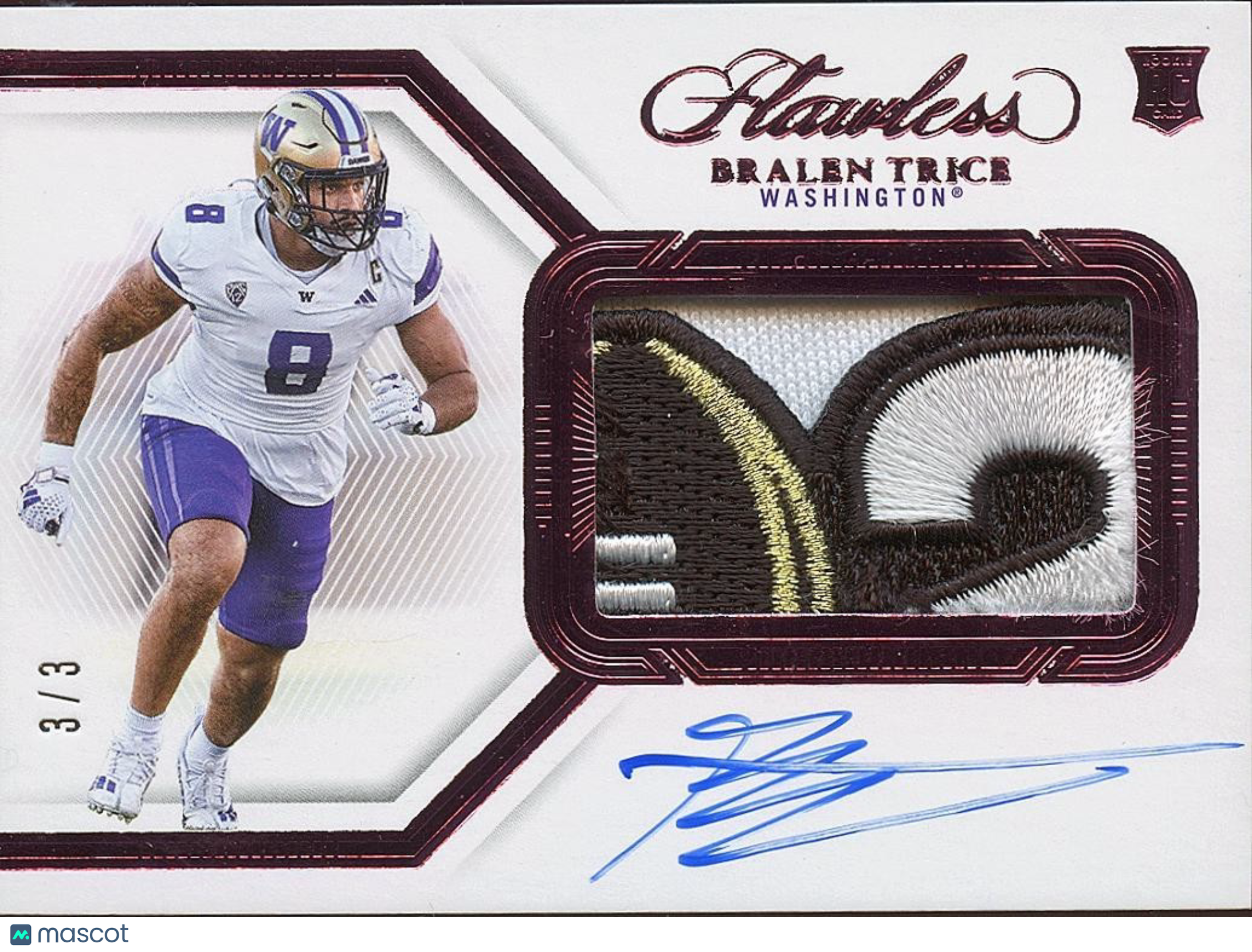 Bralen Trice 2024 Flawless LOGO Patch Auto Autograph RC Washington Huskies 3/3