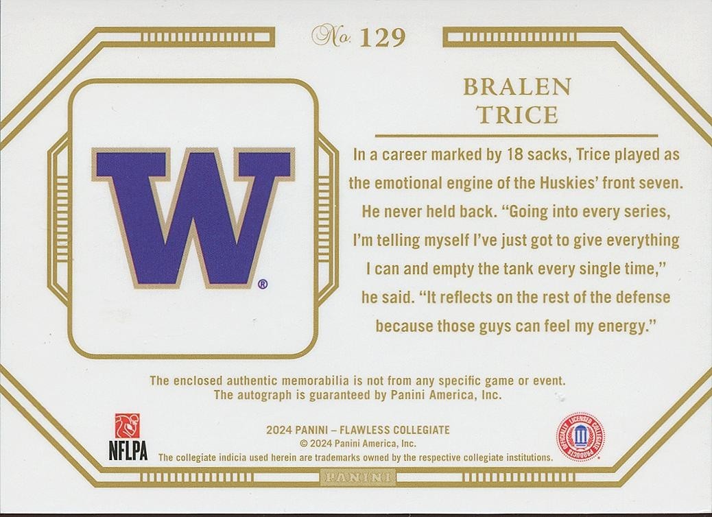 Bralen Trice 2024 Flawless LOGO Patch Auto Autograph RC Washington Huskies 3/3