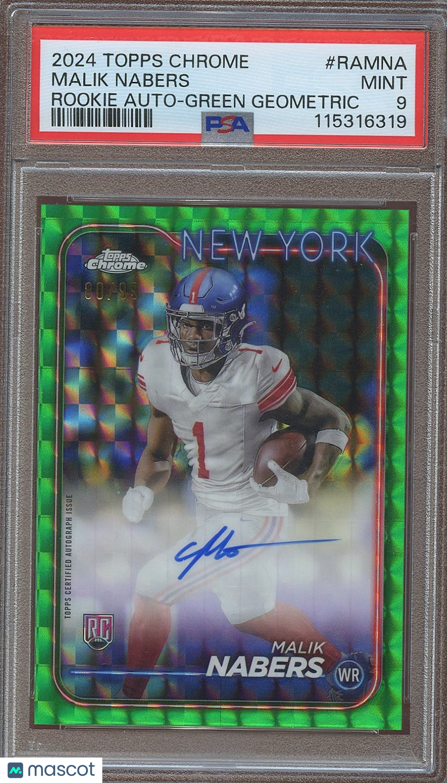 Malik Nabers 2024 Topps Chrome Green Auto Autograph RC Rookie 80/99 Giants PSA 9