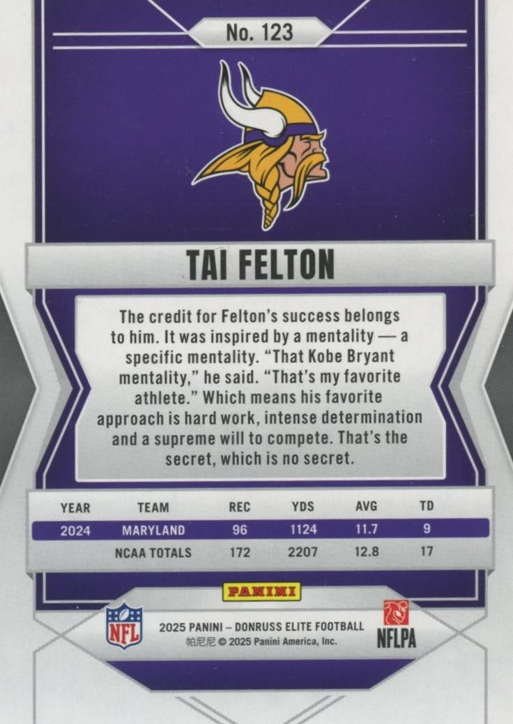 Tai Felton 2025 Elite GOLD SSP Rookie RC Minnesota Vikings 7/10