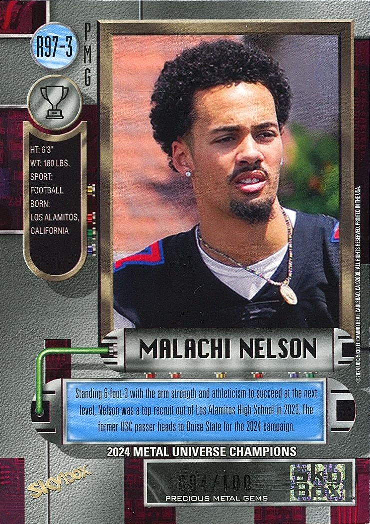Malachi Nelson 2024 Skybox Metal Red PMG Precious Metal Gems USC Boise 94/100