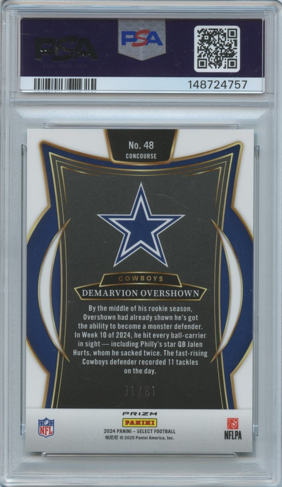 Demarvion Overshown 2024 Select Dragon Scale Prizm Dallas Cowboys 31/81 PSA 10