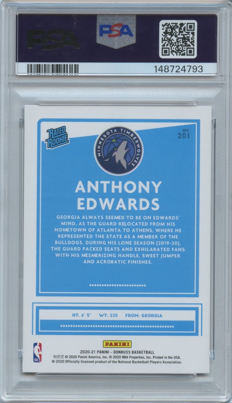 Anthony Edwards 2020-21 Donruss Rated Rookie Purple RC 21/99 Timberwolves PSA 10