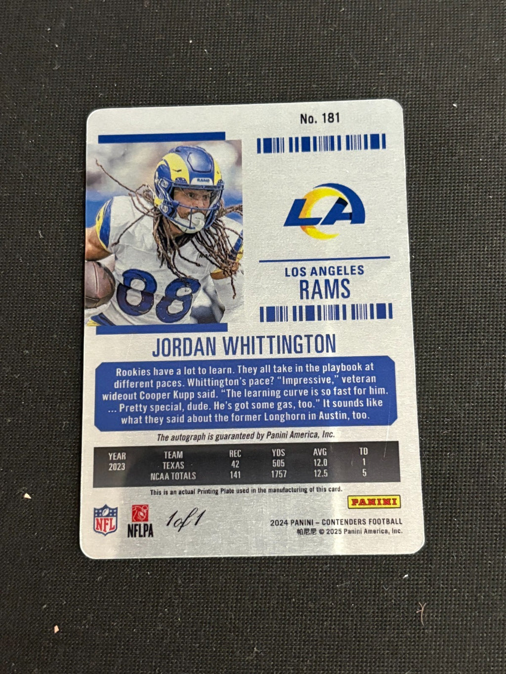 Jordan Whittington 2024 Contenders Printing Plate Autograph Rams Longhorns 1/1