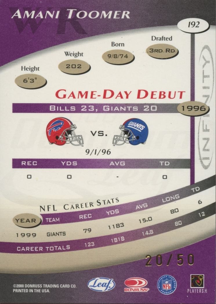 Amani Toomer 2000 Quantum Leaf Infinity Purple New York Giants 20/50 #192