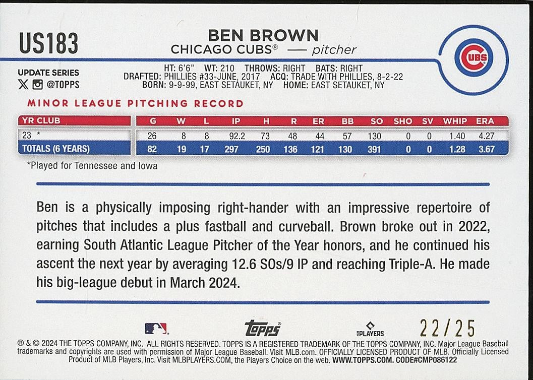 Ben Brown 2024 Topps Camo SSP Rookie RC Chicago Cubs 22/25 #US183