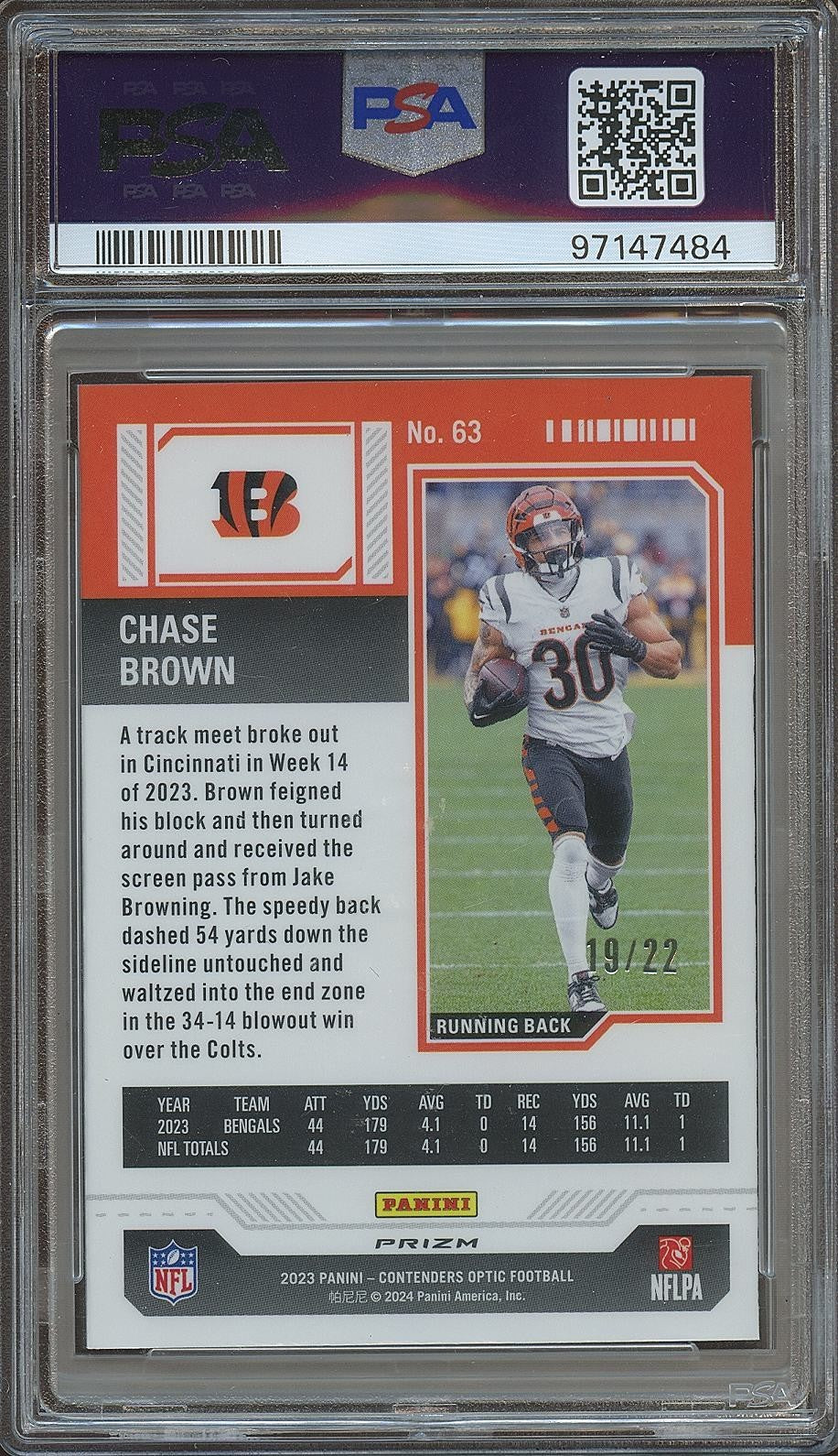 Chase Brown 2023 Contenders Optic Cracked Ice RC Rookie Bengals 19/22 PSA 9
