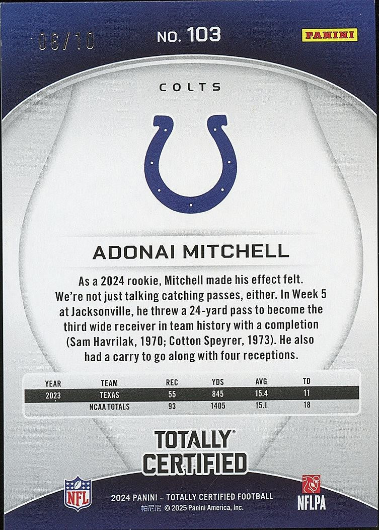Adonai Mitchell 2024 Totally Certified GOLD Rookie RC Indianapolis Colts 6/10