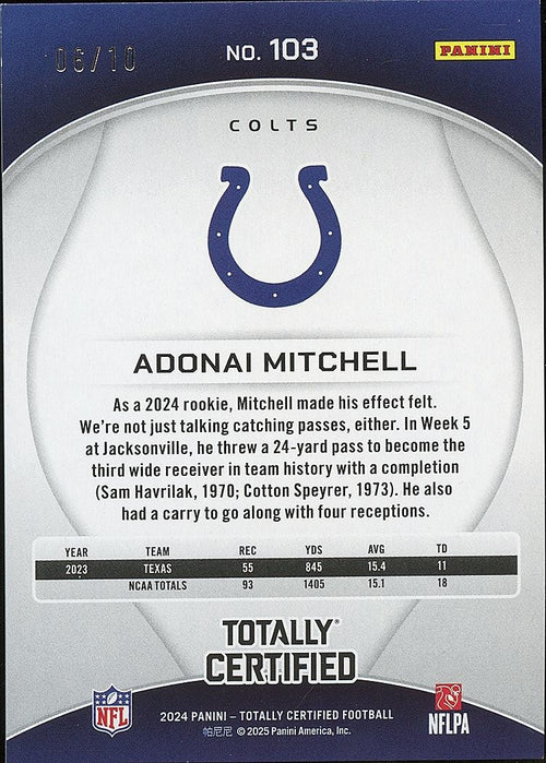 Adonai Mitchell 2024 Totally Certified GOLD Rookie RC Indianapolis Colts 6/10