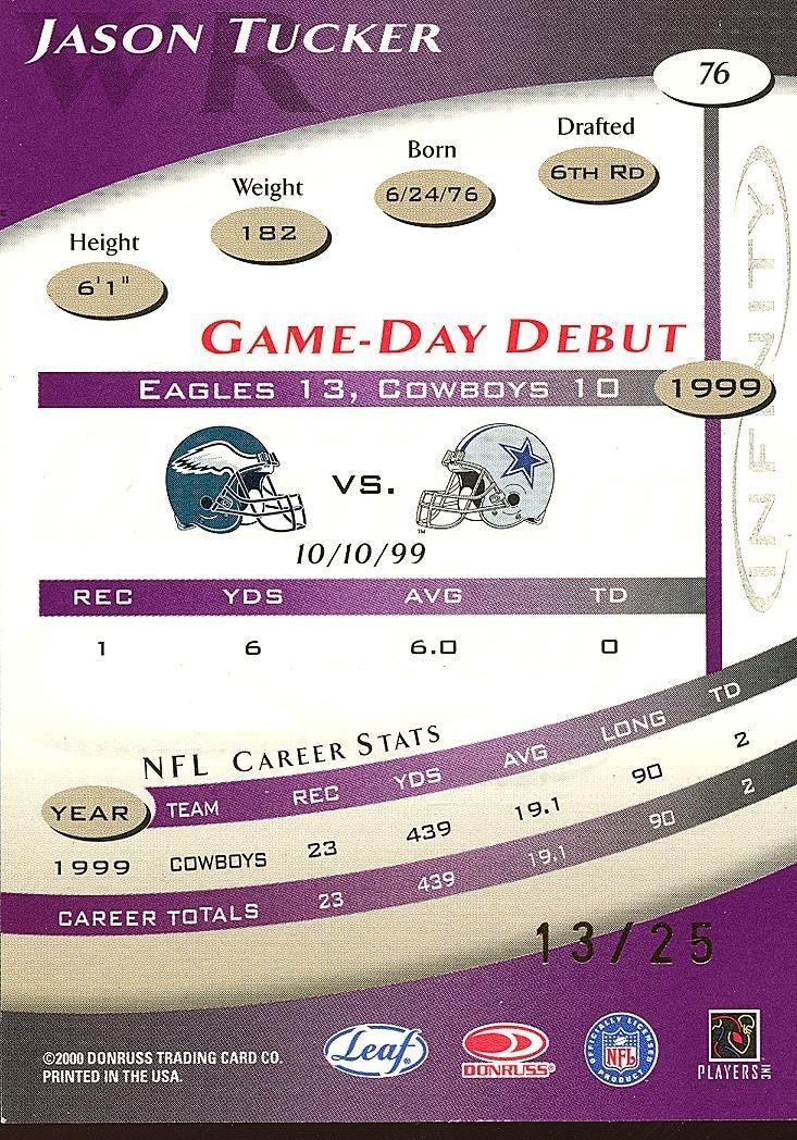 Jason Tucker 2000 Quantum Leaf Infinity Purple Dallas Cowboys 13/25 #76