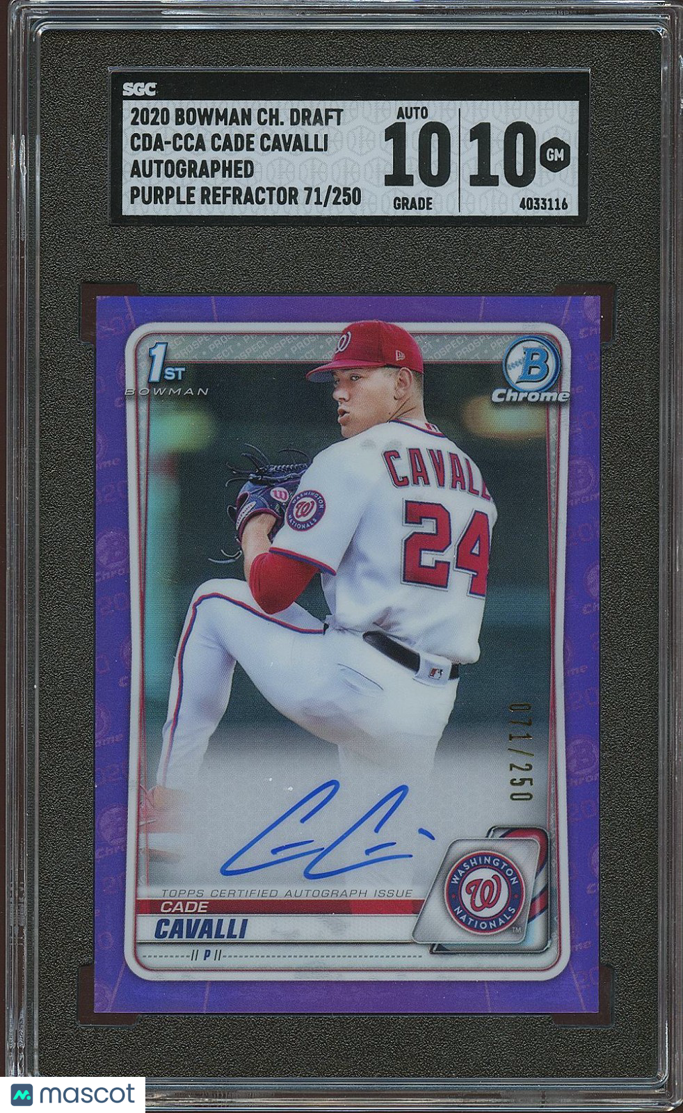 Cade Cavalli 2020 Bowman Chrome 1st Purple Auto Autograph 71/250 SGC 10 10