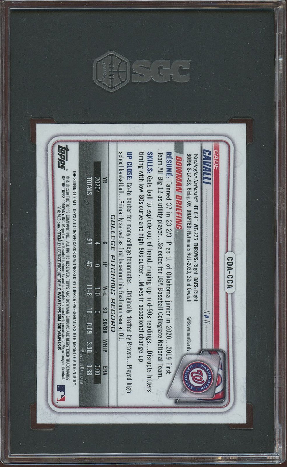 Cade Cavalli 2020 Bowman Chrome 1st Purple Auto Autograph 71/250 SGC 10 10