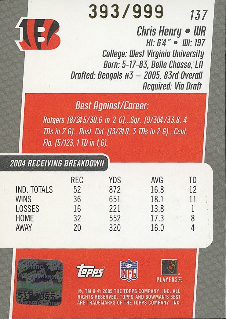 Chris Henry 2005 Bowman's Best Auto Autograph RC Rookie Bengals 393/599
