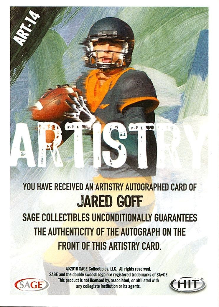 Jared Goff 2016 SAGE Artistry Auto Autograph Rookie RC Cal Detroit Lions 61/100
