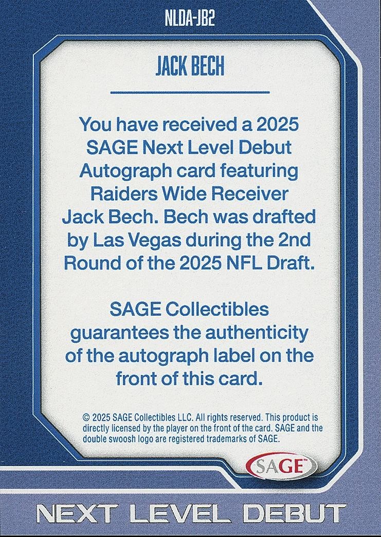Jack Bech 2025 SAGE HIT Auto Autograph Rookie RC TCU Raiders 8/25
