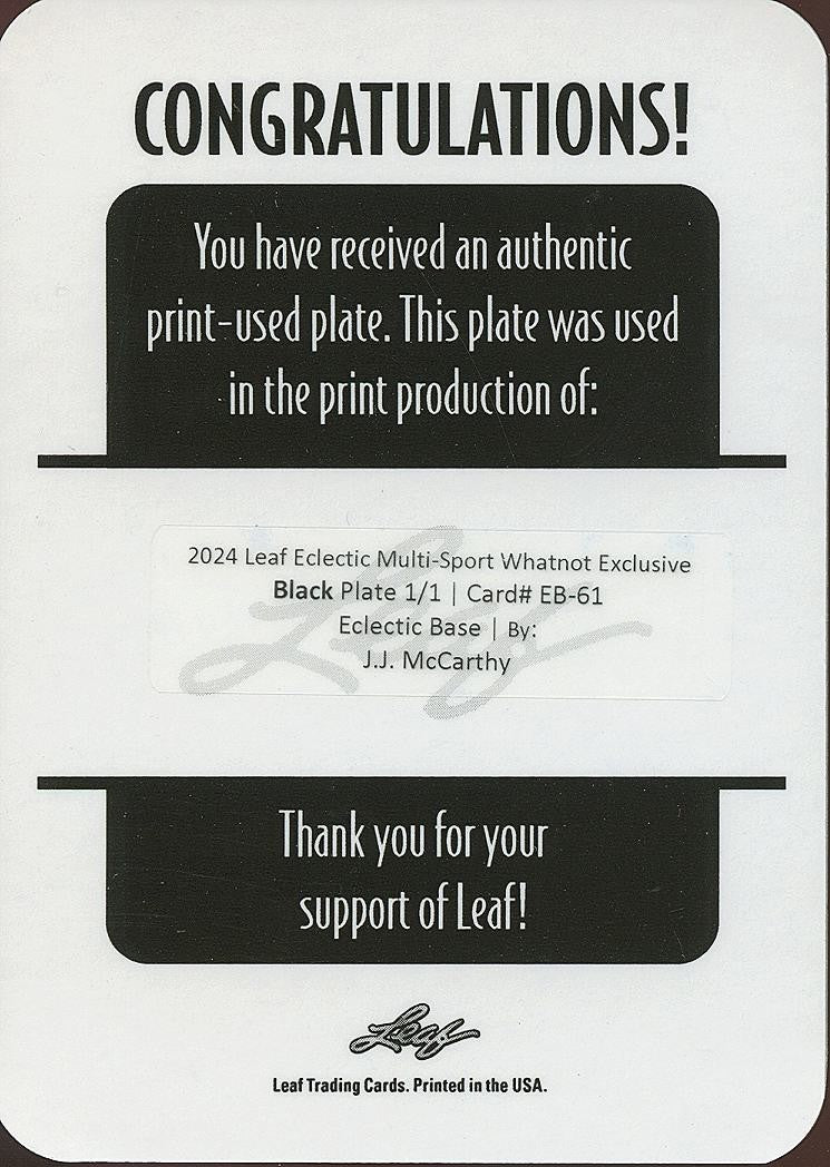 J.J. Mccarthy 2024 Leaf Eclectic Black Printing Plate Rookie RC Michigan 1/1