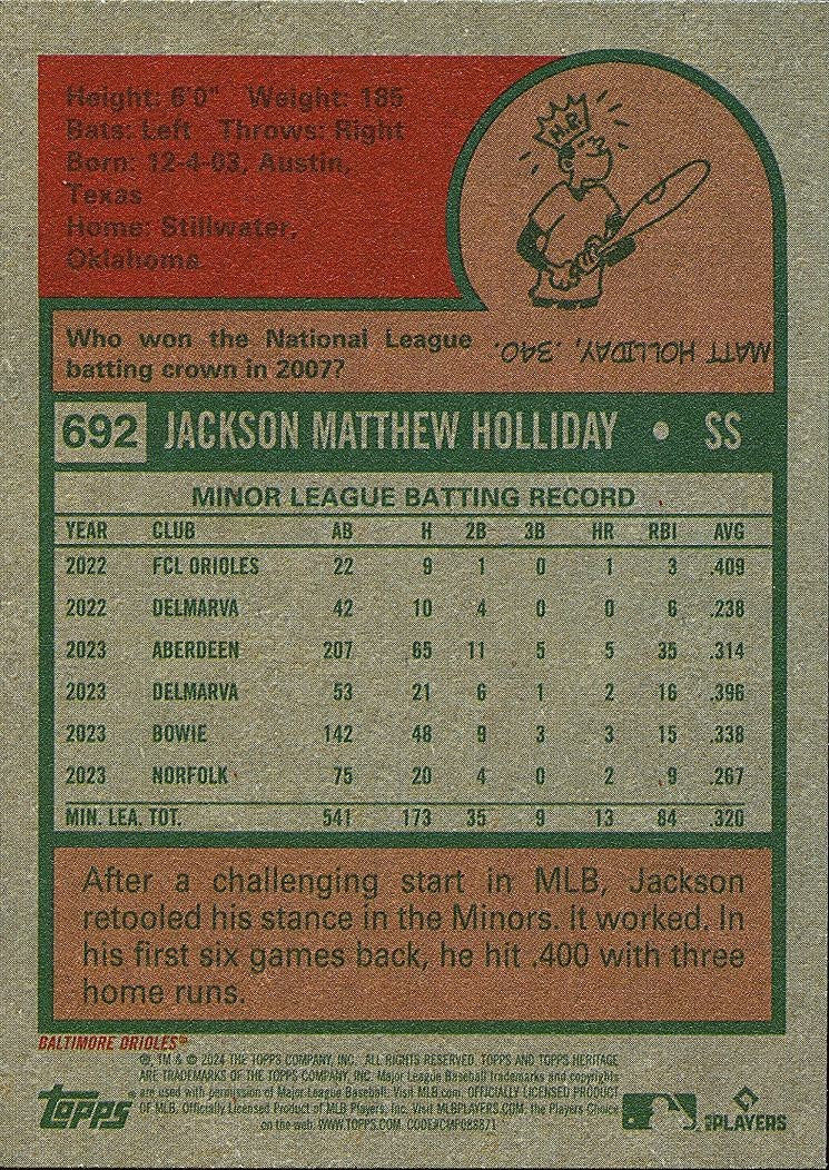 Jackson Holliday 2024 Topps Heritage City Swap SSP Rookie RC Orioles #692