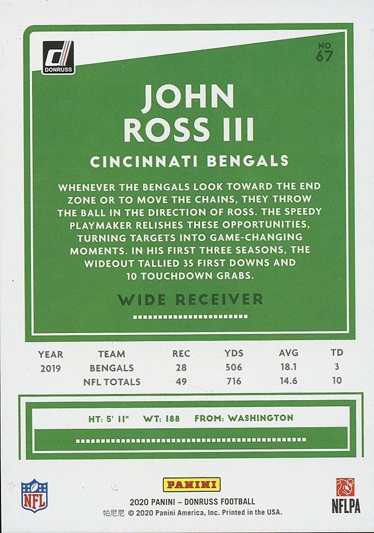 John Ross III 2020 Donruss BLACK Press Proof SSP Cincinnati Bengals 9/10