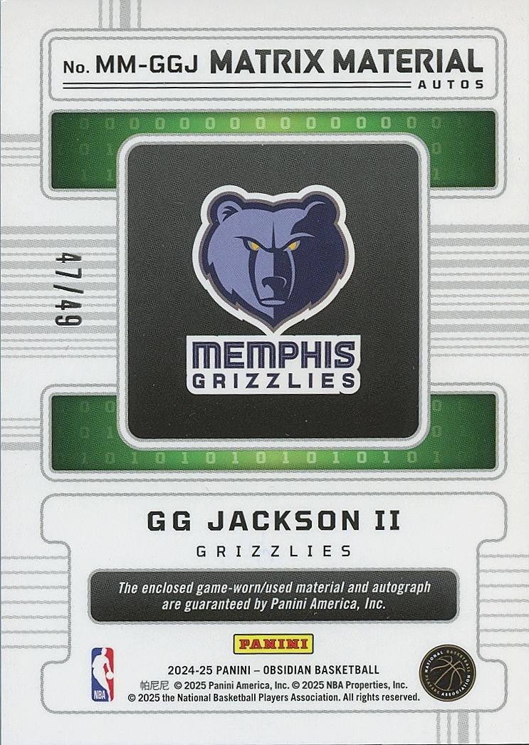 GG Jackson II 2024-25 Obsidian Auto Autograph Patch Memphis Grizzlies 47/49