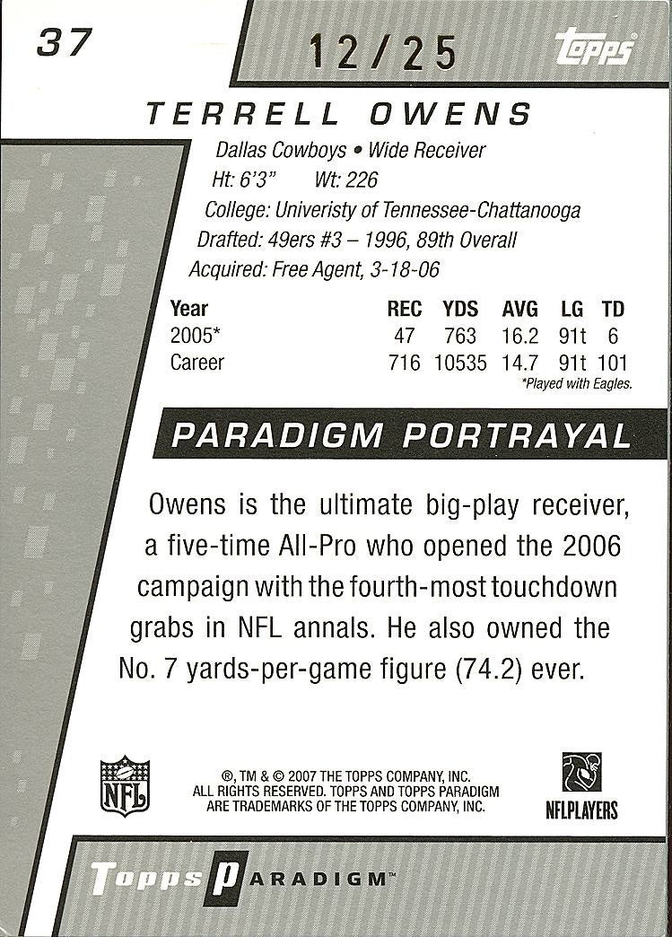 Terrell Owens 2007 Topps Paradigm GOLD Dallas Cowboys 12/25 #37