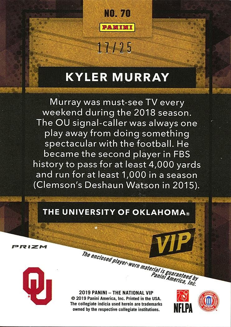 Kyler Murray 2019 Panini The Nation Jersey Patch Rookie Oklahoma Sooners 17/25